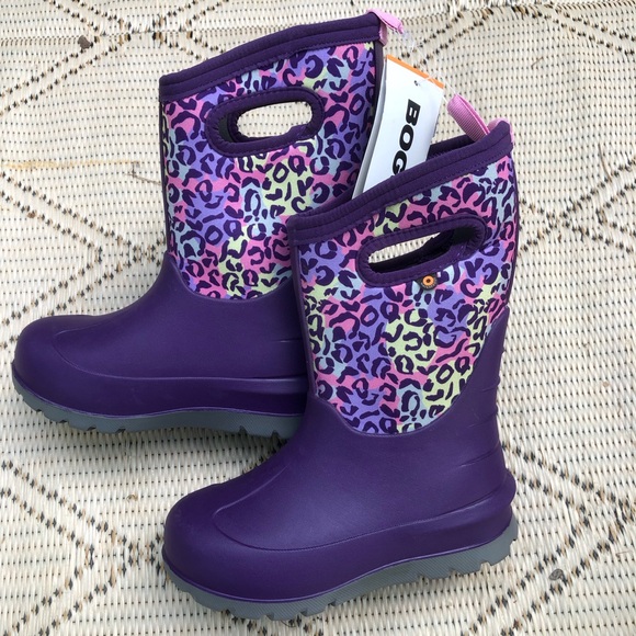 Bogs Other - Bogs Purple Kids Neoprene Boots with Multicolor Leopard Shaft